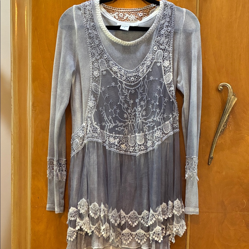 Elegant Lace Overlay Gray Top